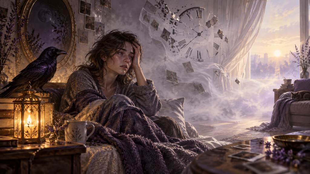 Conceptual artwork representing postictal recovery, with a person moving through a fragmented, dreamlike landscape after a seizure