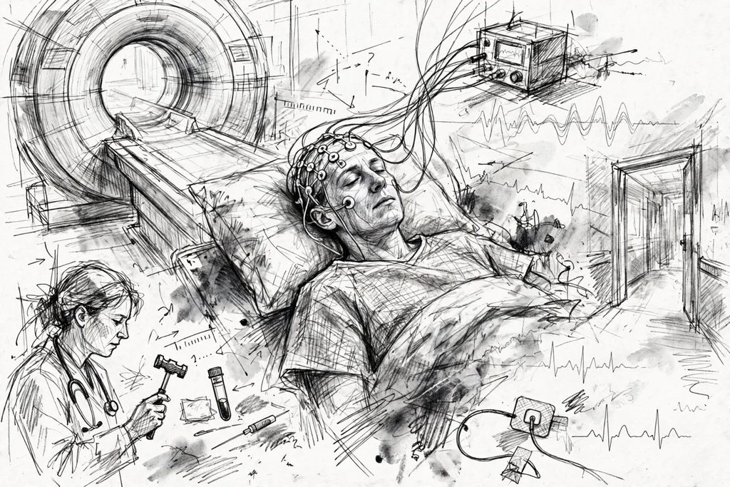 Expressive hospital investigation artwork showing a patient undergoing EEG monitoring surrounded by MRI, neurological examination, blood testing and monitoring imagery.